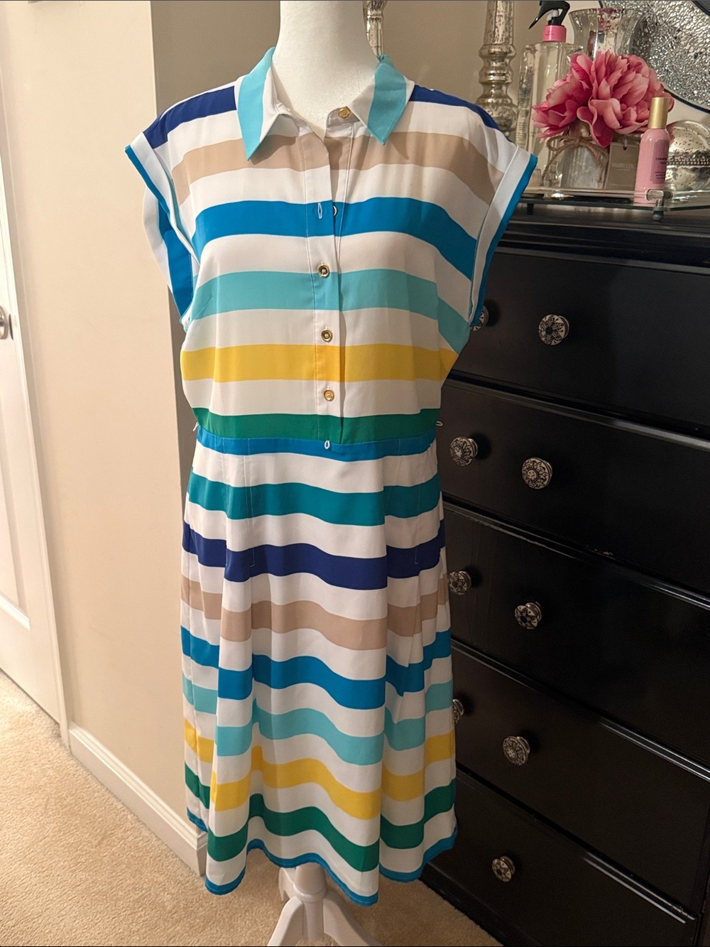 Calvin Klein Multicolor Strip dress with green belt